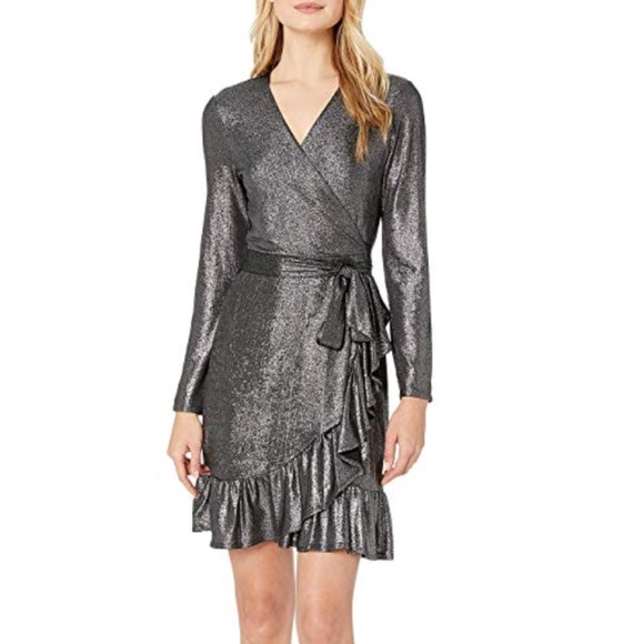 NWT CECE Metallic Shimmer Ruffle Long Sleeve Wrap Dress - Picture 1 of 7
